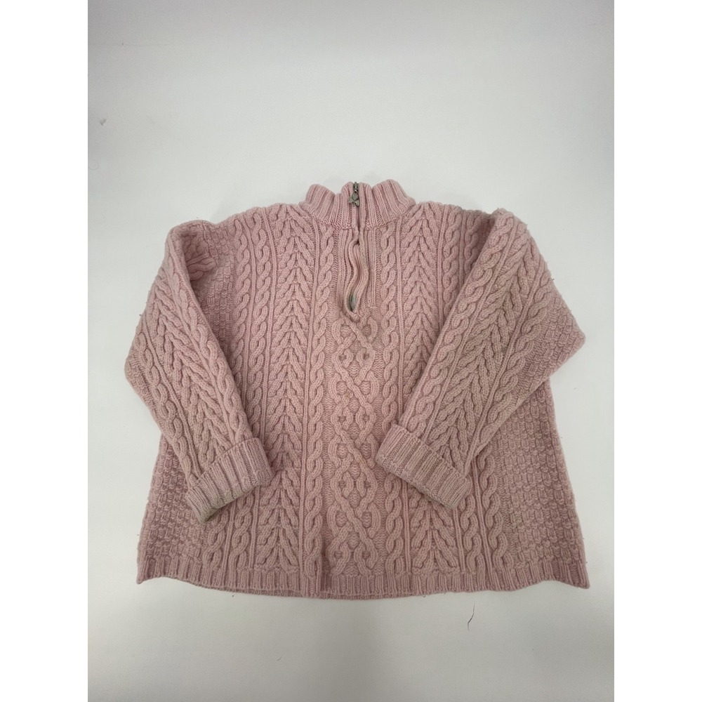 VTG Aran Crafts Sweater Womens XL Pink Merino Wool Cable Knit Mock Neck 1/4 Zip